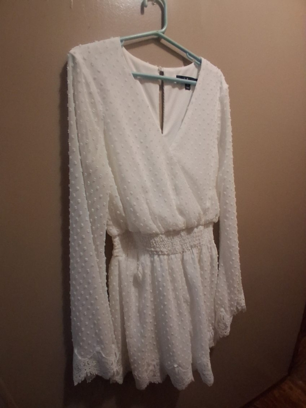 Lulu's White Swiss Dot Lace-Hem Smocked-Waist Long Sleeve Dress